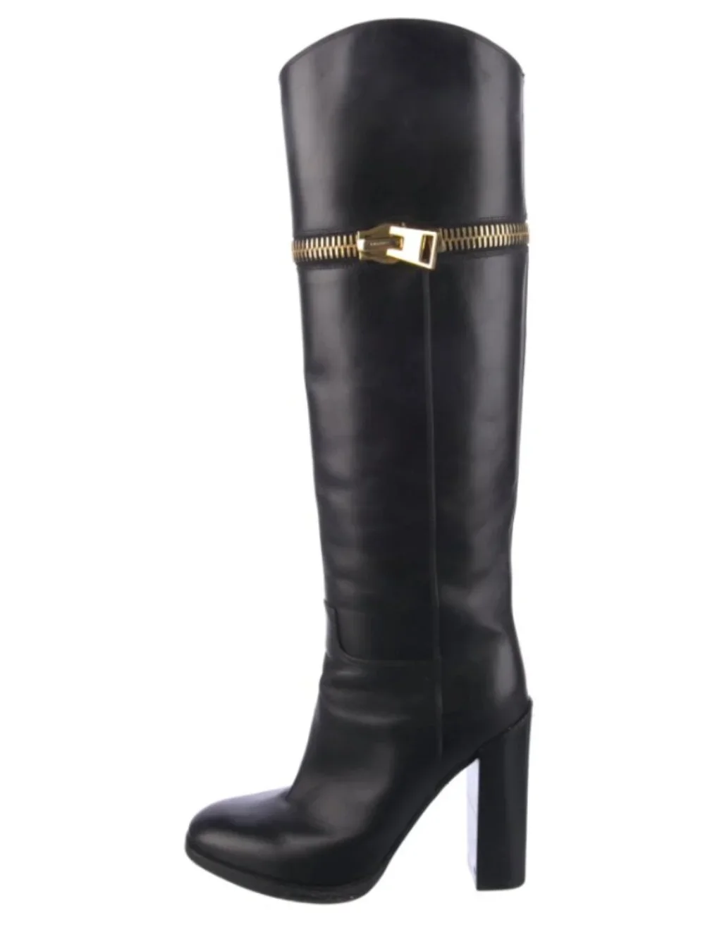 Tom Ford Knee High Boots Women Size 8.5 Black Gold Zipper Leather Statement Bold
